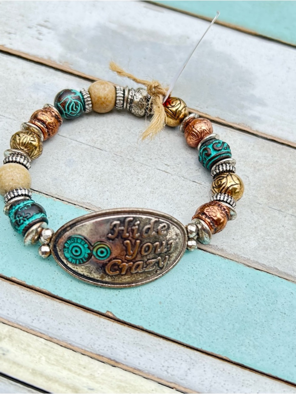 Hide Your Crazy Beaded Stretch Bracelet - Turquoise & Copper - Picture 3 of 6